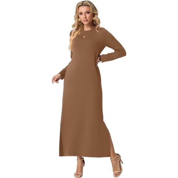Women's Casual Round Neck Long Sleeve Loose Split Long Maxi Dress with Pockets - Picture 4 of 6